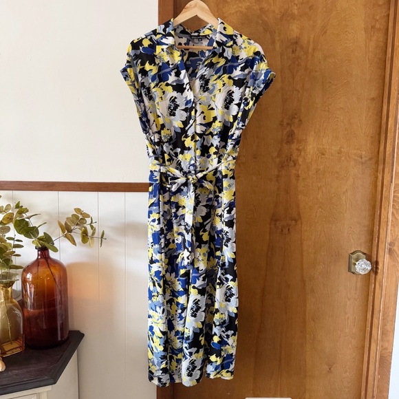 alison andrews Dresses & Skirts - ALISON ANDREWS | Chic Floral Midi Dress Blue Yellow Button Down Short Sleeve